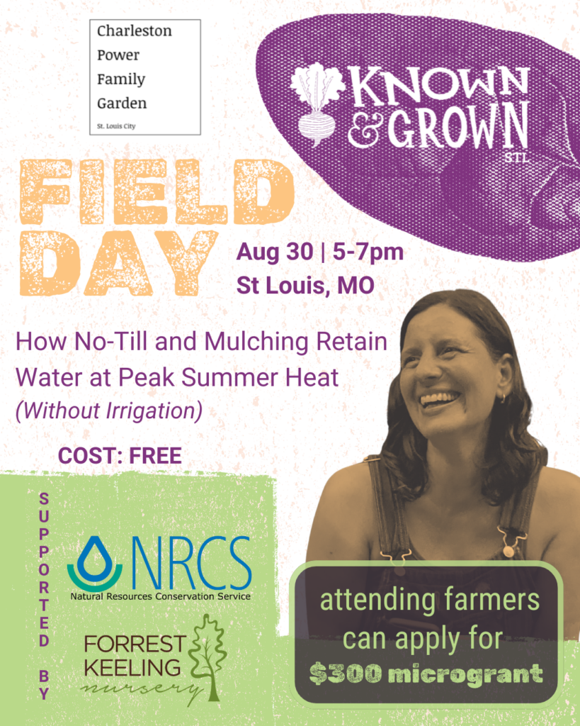 Flyer with a smiling woman describing a Field Day on Aug 30 on the topic "How No-TIll and Muching Retain Water at Peak Summer Heat (without Irrigation)"